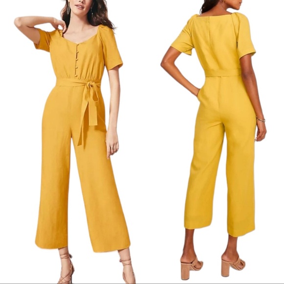 Ann Taylor Tie Waist Linen Loosefit Jumpsuist Romper Yellow Womens Size 10 NWT - Picture 5 of 11